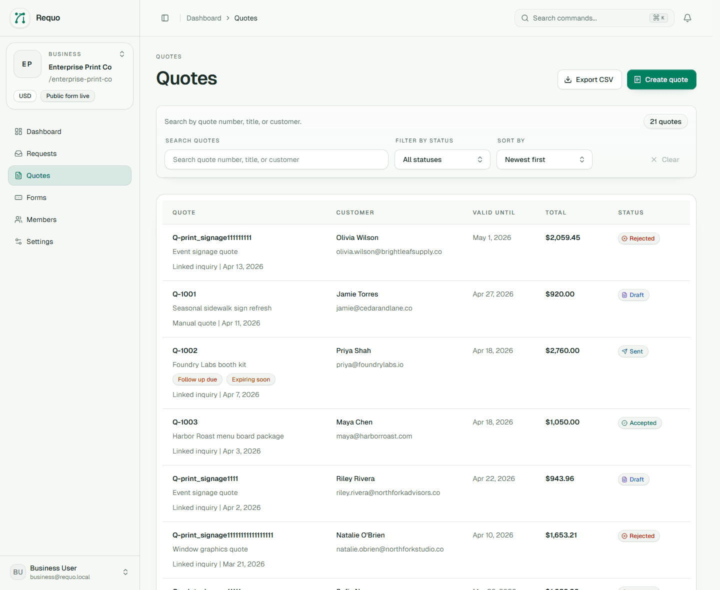 Requo dashboard quotes view